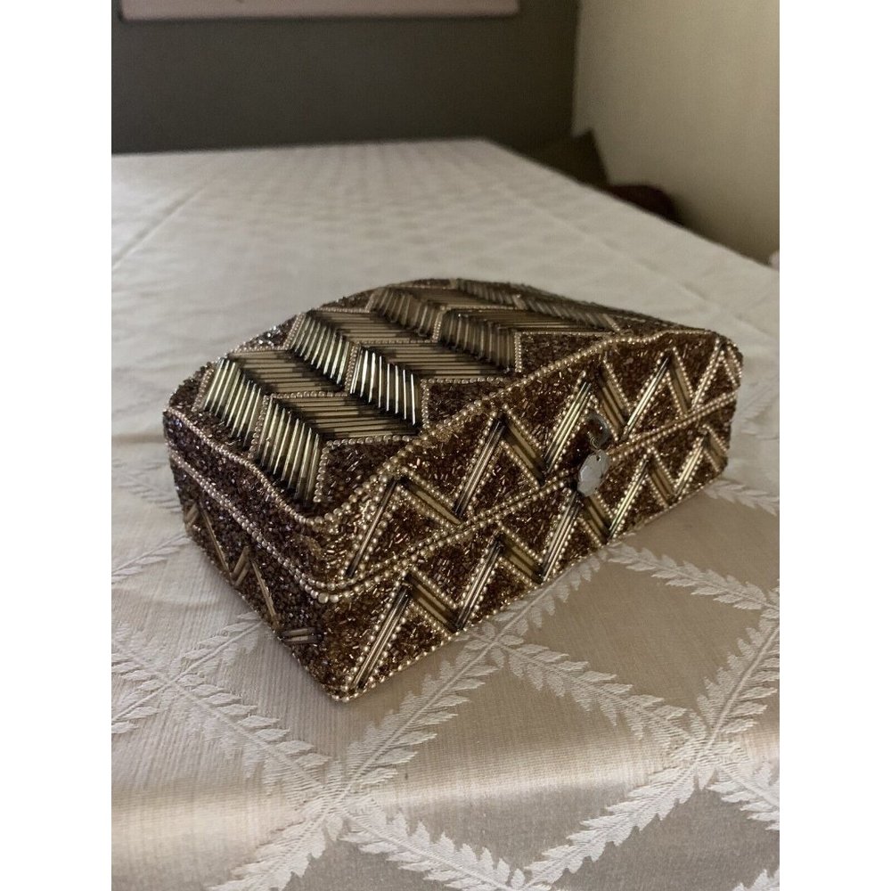 Gold Beaded Trinket/Jewelry Box, India, Domed Lid, Herringbone/Chevron